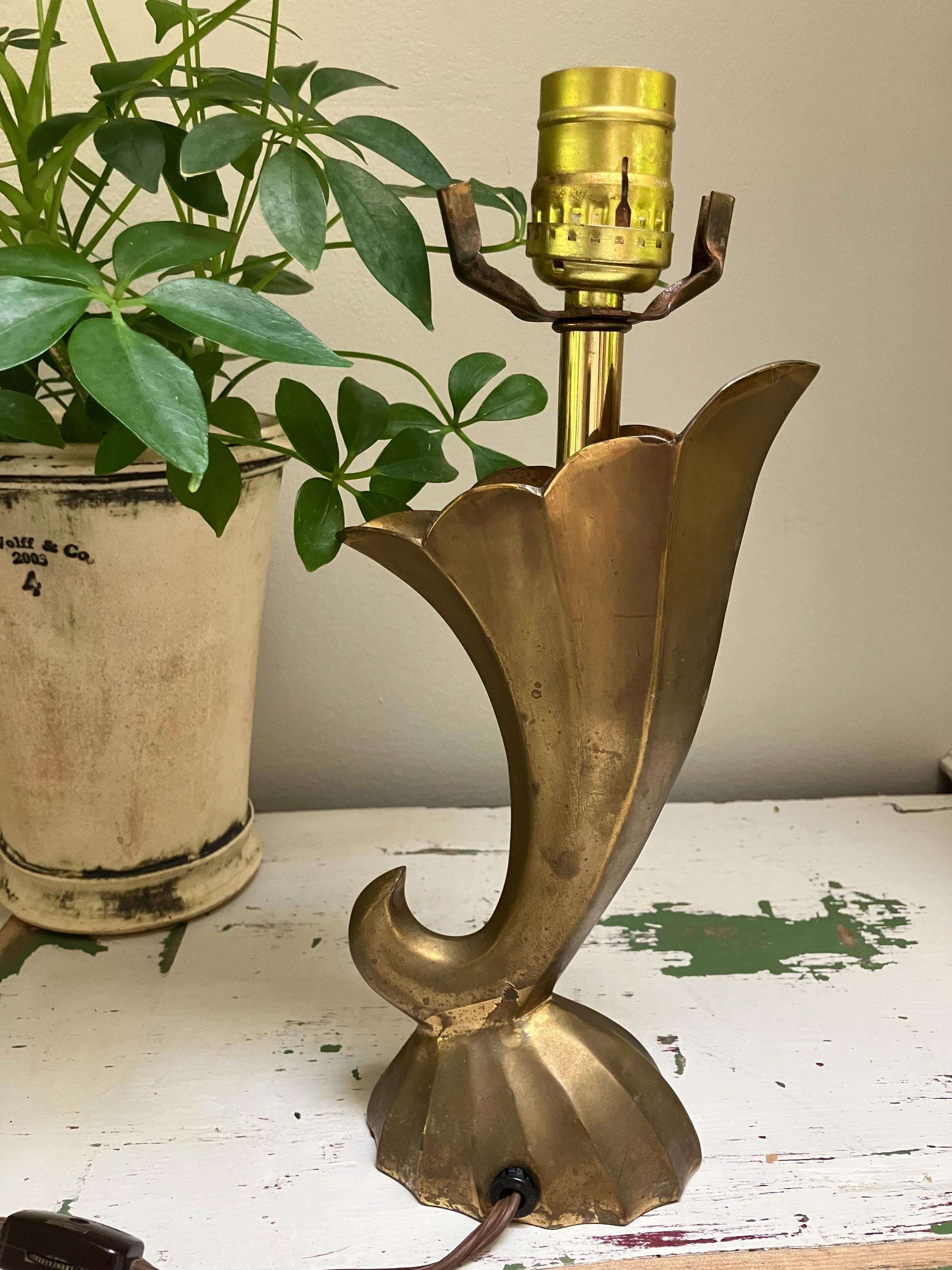 Vintage Brass Accent Lamp | Brass Cornucopia Small Table Lamp | Brass Lamp Base Needing a Shade | Brass Desk Lamp