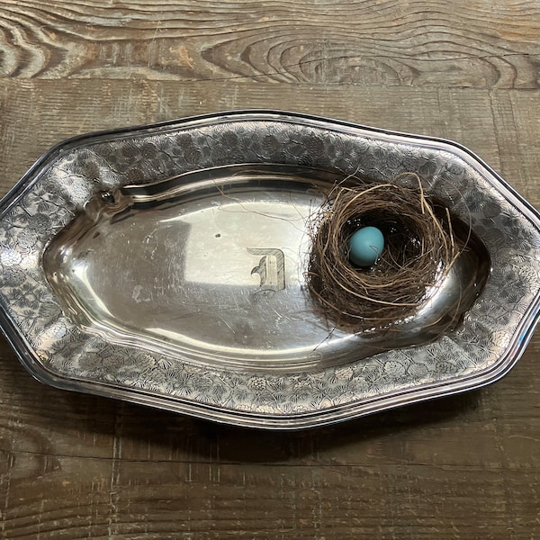Vintage Silver Tray | Silver Plate Mulholland Monogrammed with “D” and Incised Pinecone Motif Silver Vanity Perfume Bottle Cosmetics Tray