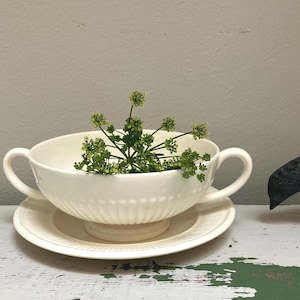 Vintage Wedgwood Edme Creamware |  Two Handled Soup Bowl with Saucer | Cream-Colored Earthenware Made in England | Elegant Soup Bowl