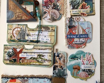Scrapbook Sea Embellishment Kit: Junk Journal Ephemera Tags, Set of 10, Sea Embellishments