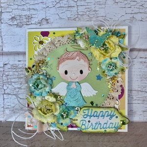 Happy Birthday, betender Engel, kleiner Engel, Shabby Chic handgemachte Grußkarte, 3D Karte