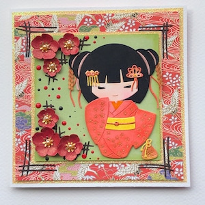 Kirschblüten Karte, Karte im japanischen Stil, Origami Doll Karte, Karte für alle Anlässe, Handgemachte Luxuskarte, alles Gute zum Geburtstag