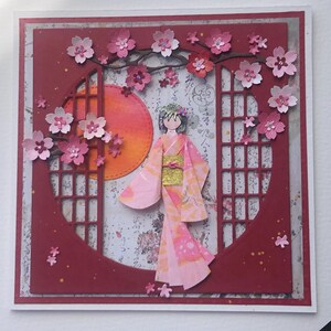 Cartão de flor de cerejeira, cartão estilo japonês, cartão de boneca de origami, cartão para todas as ocasiões, cartão de luxo feito à mão, feliz aniversário