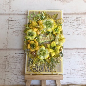 Luxus handgemachte Grußkarte, Shabby Chic Stil, Grußkarte für alle Gelegenheiten, Lächeln, Gelbe Blumen