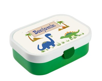 Brotdose Mepal mit Namen, Lunchbox & Trinkflasche für Jungen mit Obsteinsatz und Gabel, Motiv Dinosaurier, Monster, Elefant