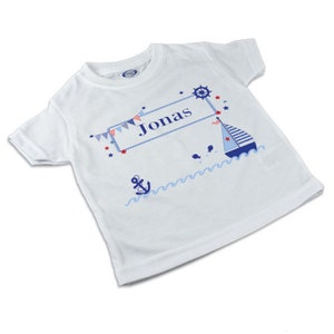 T-Shirt, Kinder T-Shirt mit Namen, Mädchen/Junge, Motiv Pfeil, Segelboot, Elefant Segelboot blau