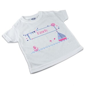 T-Shirt, Kinder T-Shirt mit Namen, Mädchen/Junge, Motiv Pfeil, Segelboot, Elefant Segelboot pink