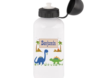 Trinkflasche Aluminium mit Namen für Kinder, Junge, Motiv Dinosaurier, Affen, Autos, Babyfuß, Baustelle, Elefant, Ente