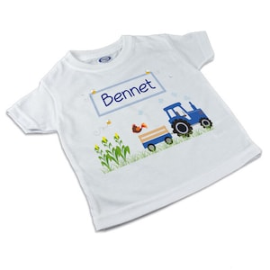 T-Shirt, Kinder T-Shirt mit Namen, Junge/Mädchen, Motiv Traktor, Waldtiere, Zoo Traktor blau