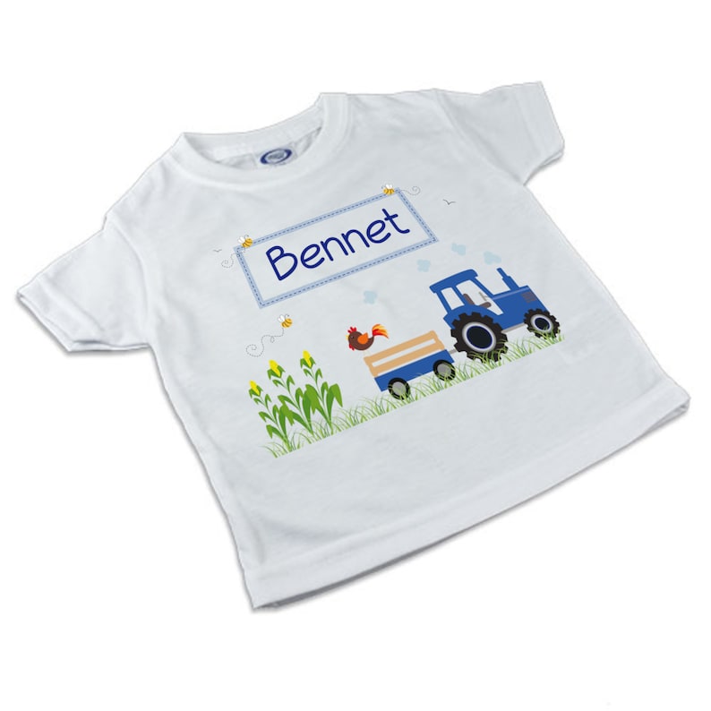 T-Shirt, Kinder T-Shirt mit Namen, Junge/Mädchen, Motiv Traktor, Waldtiere, Zoo Traktor blau