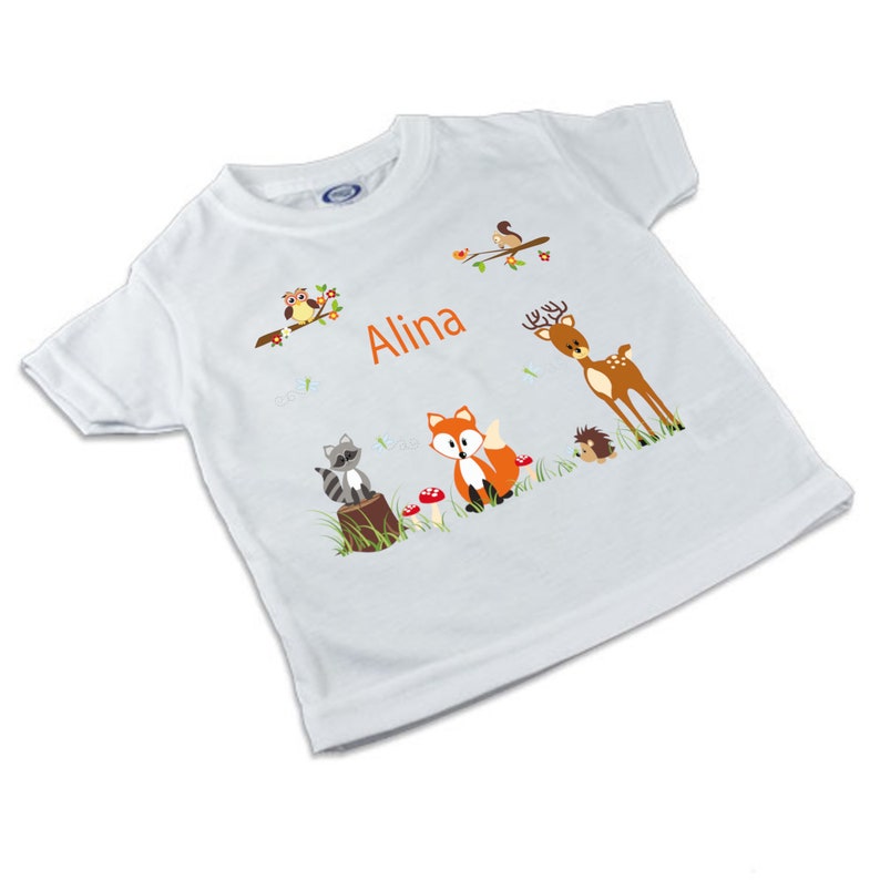 T-Shirt, Kinder T-Shirt mit Namen, Junge/Mädchen, Motiv Traktor, Waldtiere, Zoo Waldtiere orange