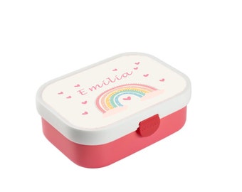 Brotdose Mepal mit Namen, Lunchbox & Trinkflasche für Mädchen mit Obsteinsatz, Motiv Regenbogen, Flamingo, Eule
