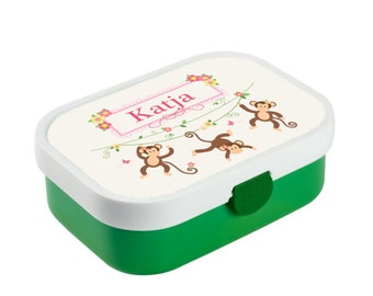 Brotdose Mepal mit Namen, Lunchbox & Trinkflasche für Mädchen mit Obsteinsatz und Gabel, Motiv Affen, Zootiere, Waldtiere