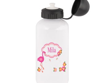 Trinkflasche Aluminium mit Namen für Kinder, Mädchen, Motiv Flamingo, Einhorn, Affen, Blumen, Schmetterlinge, Elefant, Eule