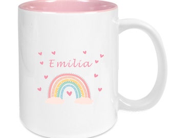 Tasse Keramik rosa personalisiert mit Namen für Kinder, Mädchen, Motiv Regenbogen, Korallen, Schmetterling, Hasen, Flamingo, Einhorn