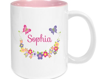 Tasse Keramik rosa personalisiert mit Namen für Kinder, Mädchen, Motiv Blumen, Affen, Lama, Marienkäfer, Pony, Zootiere, Traktor, Segelboot