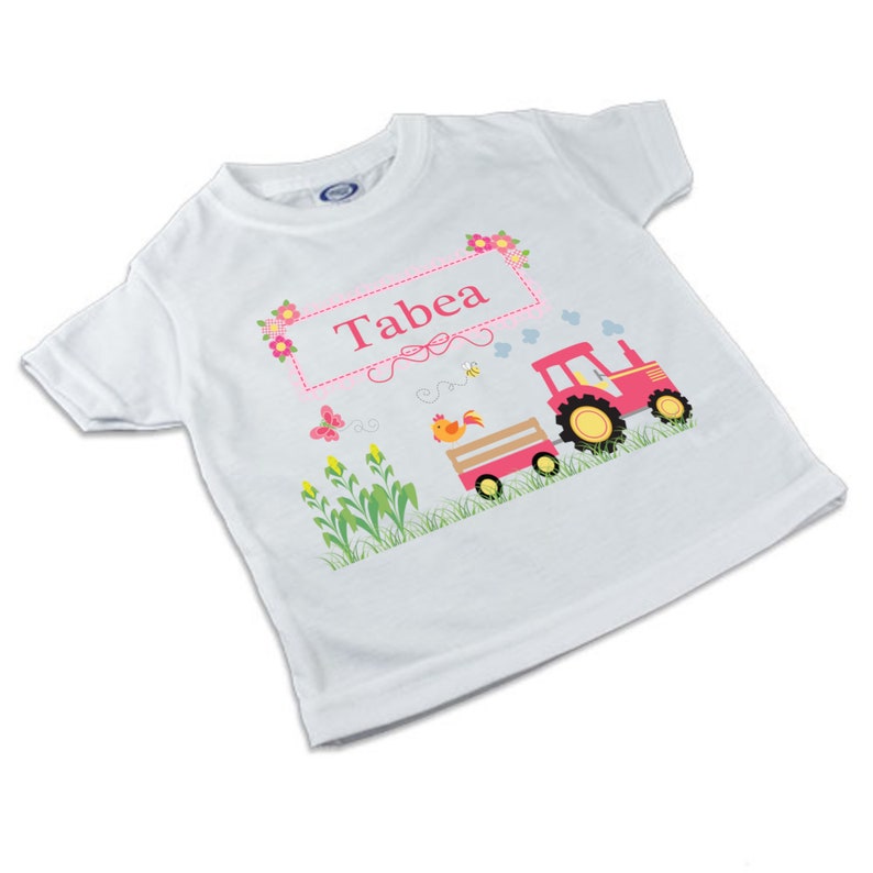 T-Shirt, Kinder T-Shirt mit Namen, Junge/Mädchen, Motiv Traktor, Waldtiere, Zoo Traktor pink