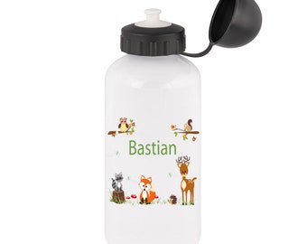 Trinkflasche Aluminium mit Namen für Kinder, Junge, Motiv Waldtiere, Zootiere, Eule, Haie, Monster, Fussball, Sport, Stifte