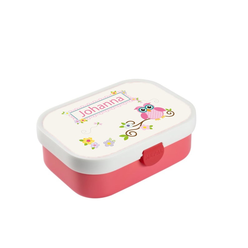 Brotdose Mepal mit Namen, Lunchbox & Trinkflasche für Mädchen mit Obsteinsatz, Motiv Regenbogen, Flamingo, Eule Eule pink