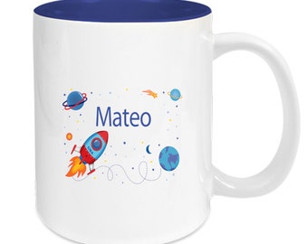 Tasse Keramik blau personalisiert mit Namen für Kinder, Motiv Rakete, Flugzeuge, Heissluftballon, Monster,Segelboot, Pfeil, Roboter,Rockstar