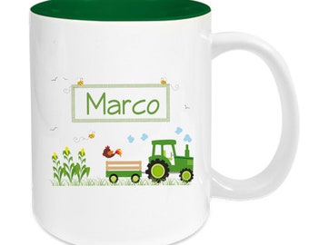 Tasse Keramik grün personalisiert mit Namen für Kinder, Junge, Motiv Traktor, Feuerwehr, Polizei, Baustelle, Flugzeuge, Pirat