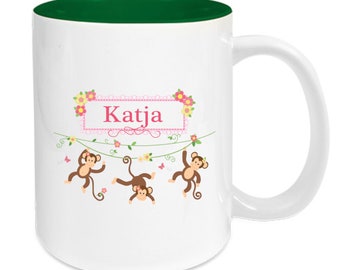 Tasse Keramik grün personalisiert mit Namen für Kinder, Mädchen, Motiv Affen, Marienkäfer, Traktor, Vögel, Waldtiere, Zootiere