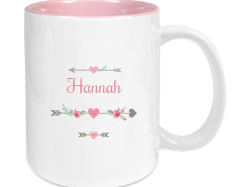 Tasse Keramik rosa personalisiert mit Namen für Kinder, Mädchen, Motiv Pfeil, Blumen, Elefant, Eule, Rockstar, Süßigkeiten, Vögel