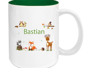 Tasse Keramik grün personalisiert mit Namen für Kinder, Motiv Waldtiere, Zootiere, Affen, Dinosaurier, Elefanten, Haie, Monster