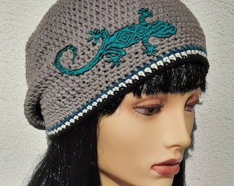 Sommerbeanie, Grau, Baumwolle-Viskose-Leinen, ca. 54 - 57 cm Kopfumfang, Applikation Gecko, handgenäht