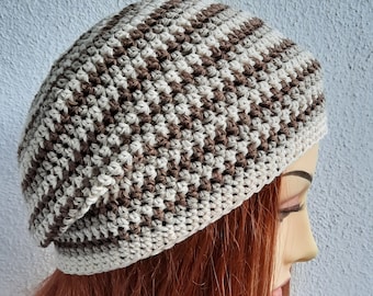 Sommerbeanie, Natur-Waldbraun-Sand, Baumwolle-Viskose-Leinen, ca. 55 - 58 cm Kopfumfang, handgefertigt