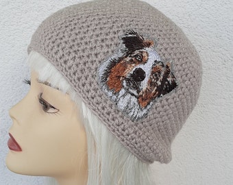 Dog hat, beige, approx. 55 -58 cm head circumference, application Australian Shepherd, handmade