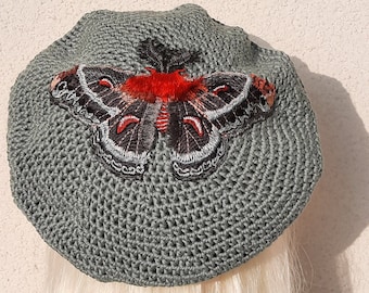 Summery beret, sage green, cotton, sage green, approx. 55 - 57 cm head circumference, application large butterfly, hand-sewn