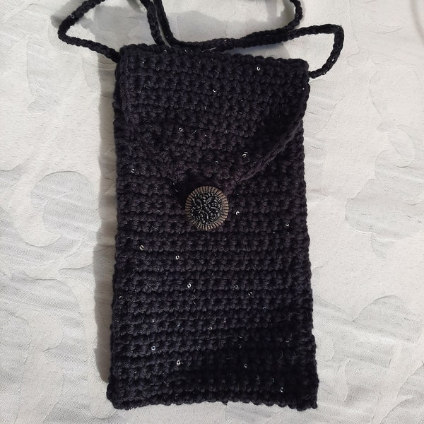 Festliches Handy-/Smartphonetäschchen in Schwarz mit kleinen silbrigen Pailletten, handgefertigt, Knopfverschluß, 10 x 17 cm, crossbody