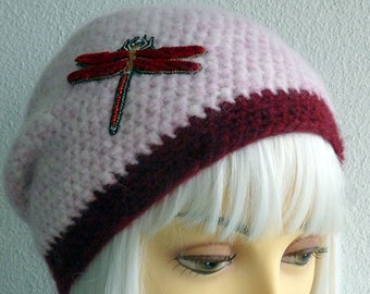 Beanie, pink, edge beaurdeaux, approx. 46 - 50 cm head circumference, alpaca-merino mix, dragonfly with velvet wings in Beaurdeaux, hand-sewn