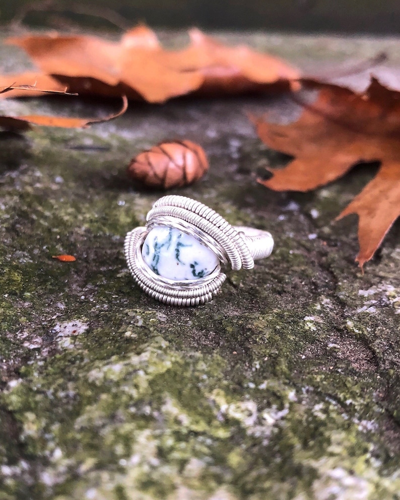 Tree Agate Wire Wrapped Ring Size 6 Sterling Silver