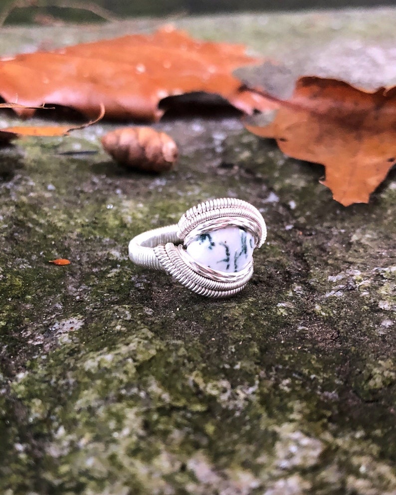 Tree Agate Wire Wrapped Ring Size 6 Sterling Silver