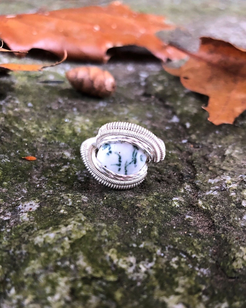 Tree Agate Wire Wrapped Ring Size 6 Sterling Silver