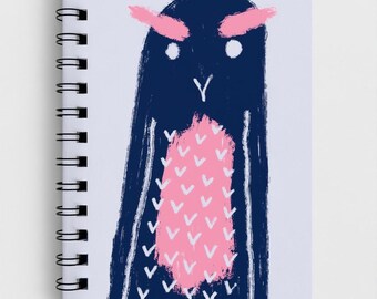A5 Pink & Blue Wonky Owl Spiral Lined Notebook | Perfect gift quirky vibe hardback notes book. stationary and office.