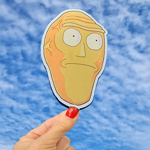 May include: A yellow cartoon character with a furrowed brow and a sad expression. The character has a large head and a small body. The background is a blue sky with white clouds.