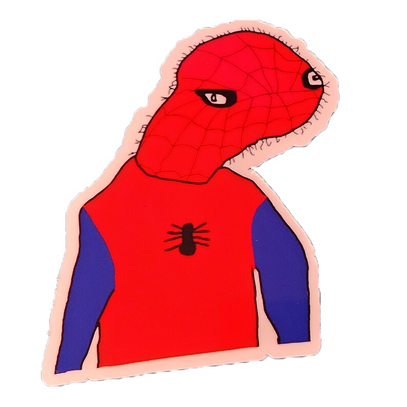Puede incluir: Una ilustraci&oacute;n de dibujos animados roja y azul de una persona que lleva un traje de Spider-Man rojo y negro con una ara&ntilde;a negra en el pecho.