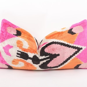 Colorful Heart Velvet Ikat Pillow Cover, Light Pink Heart Velvet Pillow, Orange Ikat Cushion, Summerhouse Decor, Love Design Velvet Pillow