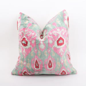 Turquise and Light Pink Velvet Ikat Pillow Cover, Pink Floral Pattern Velvet Pillowcase, Home Decor Cushion,  Designer Pillowcase, 16x16