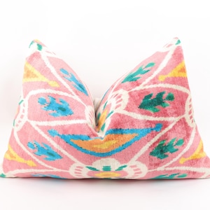 Pink Velvet Ikat Pillow Cover, Handmade Uzbek Cushion, Colorful Bohemian Home Decor, Pink Velvet Pillow with Blue Green Fish Patterned
