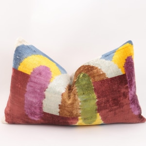 Colorful Velvet Ikat Pillow Cover, Multi Color Velvet Cushion, 12x20 Ikat Cushion, Abstract Design Velvet Ikat Pillowcase, Boho Home Pillow