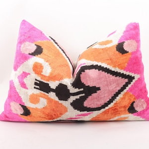 Pink Heart Patterned Velvet Ikat Cushion, Pink Orange Velvet Throw Cushion Cover, Heart Pillow, Designer Pillow, Beatiful Design Cushion,