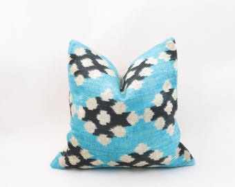 Blue Velvet Ikat Pillow Cover: Handwoven Uzbek Design 16x16