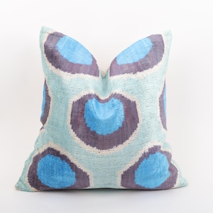 Aqua Blue Velvet Ikat Pillow Cover, Decorative Throw Cushion, Handmade Boho Home Decor, Turquoise Geometric Pattern, Blue Velvet Ikat Pillow