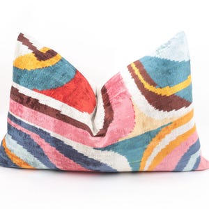 Rainbow Velvet Ikat Cushion, Colorful Velvet Pillowcase, Yellow Ikat Pillow, Designer Pillow Cover, Colorful Abstract Design Pillowcase