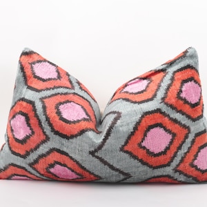 Gray and Burnt Orange Velvet Ikat Pillow Cover, Gray Pink Ikat Cushion, Orange Pink Velvet Pillowcase, Geometric Design Velvet Pillow Cover