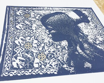 Ovambo Woman with gold leaf detail 380x570mm original lino print poster on quality decal edged print paper